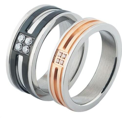 Stainless steel color black gold inlay zircon couple rings