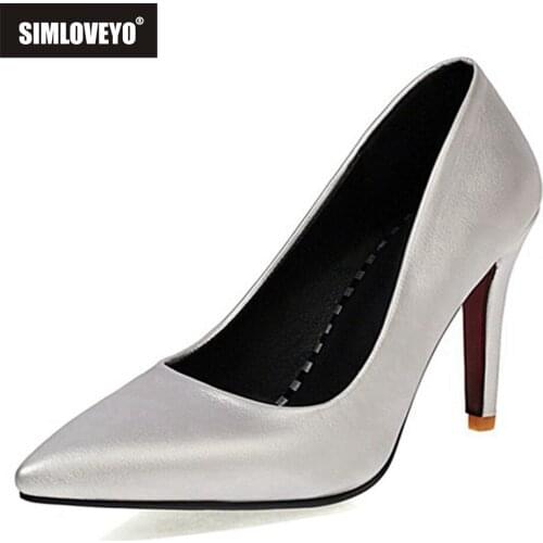 SIMLOVEYO Small Big Size 32-43 Dress Shoes Lady Pointe Toe 9cm Thin Heel Pumps PU Leather Office Silver Gold Wedding S2489