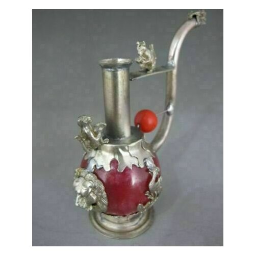 Old Handwork Red Jade inlay Pipe Tibet Silver Dragon Smoking Pipe Collectible