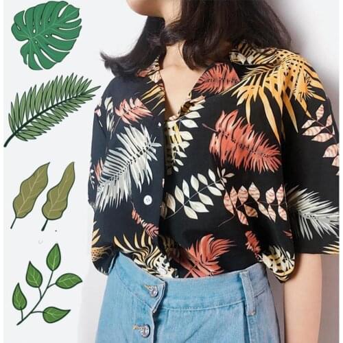 Stylish Tropical Plant Leaf Print Short Sleeves Women Top Chiffon Casual Blouse Beach Shirt