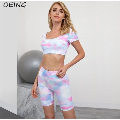 Fitness Print Short Sleeve Crop Tops Yoga Sets Workout Seamless Biker Shorts Sport Wear Gym Set Women