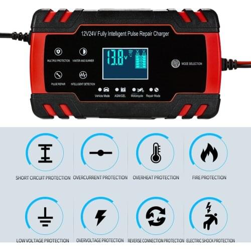 Full Automatic Motorcycle Car Battery Charger 12V 24V Pulse Repairing Charger with LCD Display for AGM GEL WET Lead Acid Battery