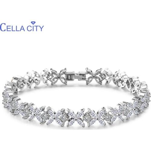 Cellacity Simple Design Rose Gold Color Silver 925 Jewelry Trendy Gemstones Bracelet for Women Clover Plant AAA Zircon Dating