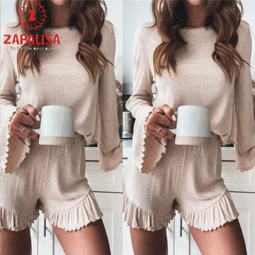 Fashion Women Spring Autumn 2 Piece Set O-Neck Flare Long Sleeve Solid Color Slim Top+Elastic High Waist Slim Hips Shorts