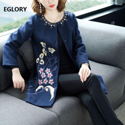 Top Quality New 2019 Autumn Winter Wool & Blend Coats Women Vintage Embroidery Diamond Beading Deco Dark Blue Coat Outwear 4XL