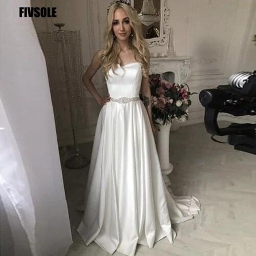 Fivsole A-Line Sweetheart Wedding Dress 2021 Sparkly Crystal Beading Sash High Quality Satin Bridal Gowns Vestido De Noiva