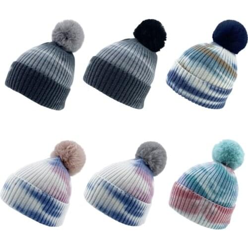 Unisex Winter Warm Knitted Beanie Hat with Detachable Pom Pom Tie-Dye Skull Cap F3MF
