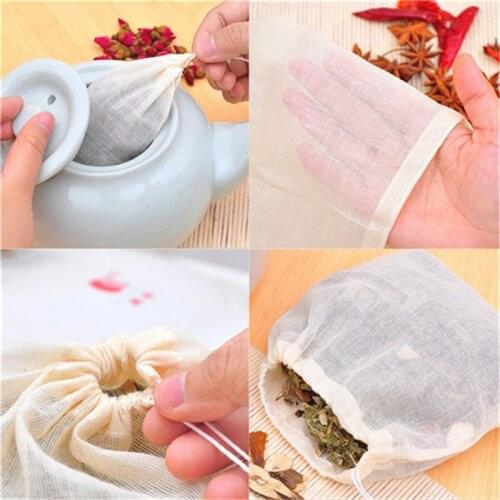 10Pcs Pure Cotton Tea Bag Drawstring Herb Spice Filter Bag Tea Strainer Infuser 8*10CM