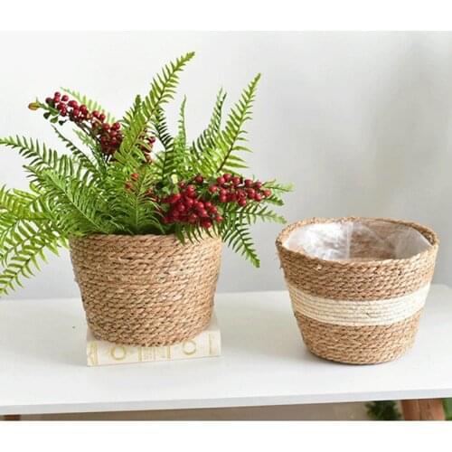 2Pcs Handmade Straw Storage Basket Rattan Floor Flower Pot Indoor Outdoor Flower Pot Plant Container