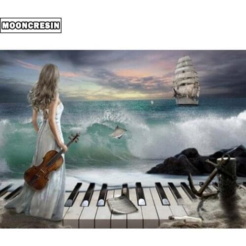 5D Diy Diamond Embroidery Girls Piano and Sailing Diamond Painting Cross Stitch Kit Mosaic Picture Of Rhinestone Room Decoration