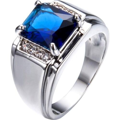 Big Square Blue/White Zircon Engagement Rings For Men Vintage Fashion Wedding Jewelry Male Silver Color Ring Gifts for Boyfriend