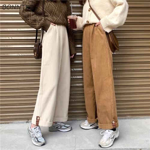 Pants Women Casual Elastic Waist Pockets Chic Corduroy Straight All-match Solid Flat Harajuku Pant Trousers Plus Velvet Thicker