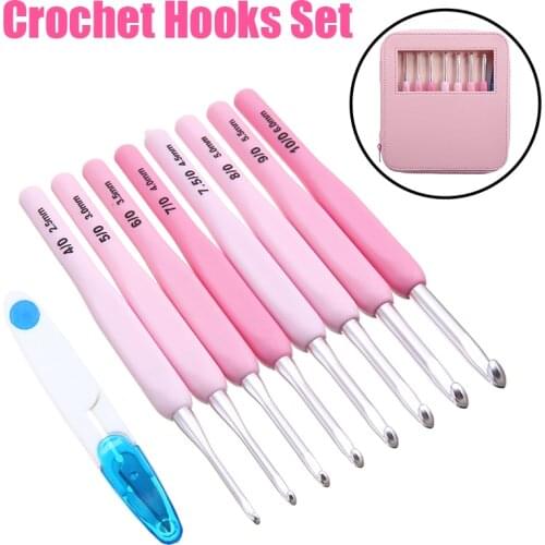 Smooth Needles 8 Sizes Crochet Hook Set Gradient Pink Knitting Needles Set Soft Ergonomic Grips Weave Tool