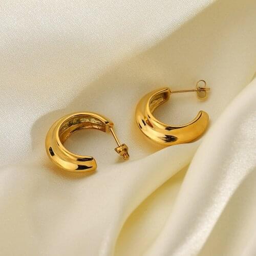 Smooth Concave-Convex Glossy Stud Hoop Earrings for Women Jewelry Gold Color C Shape Stainless Steel Earrings
