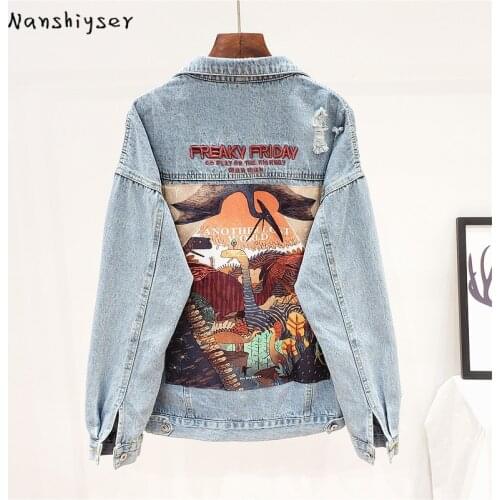 Harajuku Patch Cartoon Print Loose Hole Denim jacket Autumn Street Women Letter Embroidery Jean jacket Washed Cowboy Coat Female