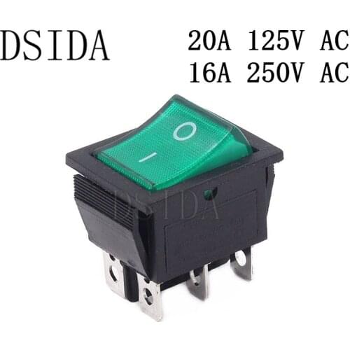 KCD4 Rocker Switch 25*31mm Power Switch With Green Light ON-OFF 2 Position 6 Pins 16A 250VAC/ 20A 125VAC Ship Type Switch