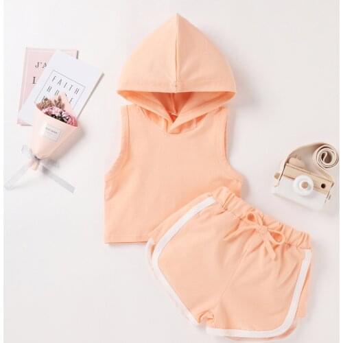 Summer Toddler Infant Baby Boys Girls Clothes Sleeveless Solid Colors Striped Hooded Sweatshirt Tops Shorts Sport Outfits Set#p4