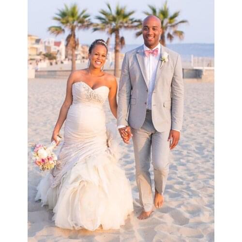 ANNIEBRITNEY 2020 Summer Beach Light Grey Men Wedding Suit Custom Grey Groom Wedding Tuxedo Summer Prom Wedding Business Suit