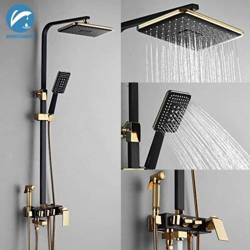 Black Golden Shower Faucet Sets Rainfall Shower Mixer Set With Bidet Sprayer Head Wall Mounted Bath Shower Column Complete Kits