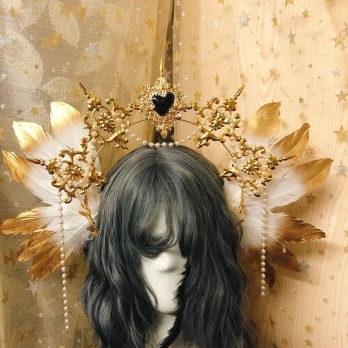 Japanese Original Handwork Lolita Golden Virgin Halo Angel Aperture Crown Gorgeous Feather Headdress Sweet KC Hair Hoop Girls