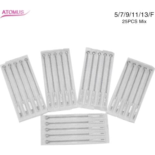 ATOMUS 25pcs Disposable Assorted Sterilized Mixed 5/7/9/11/13F Sterile Standard Tattoo Needles Flat Needles for Tattoo Machine