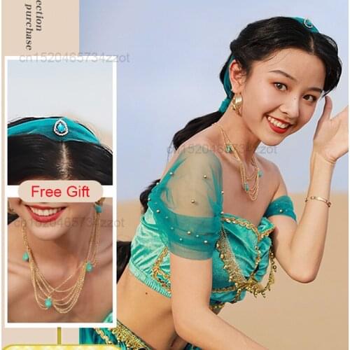 Jasmine Princess Dress Feminine Jasmine Costume Women Girls Halloween Party Performance Stage Belly Dance Top Pants Headwear