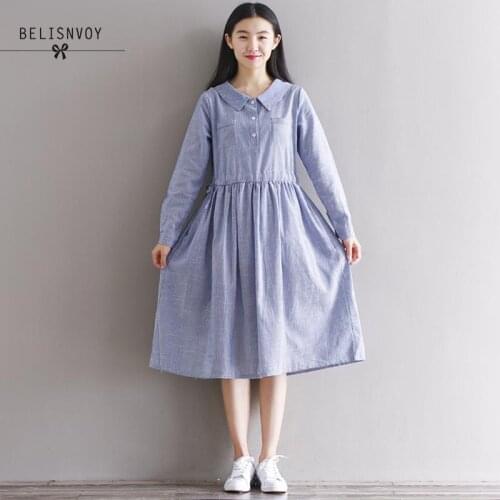 Mori Girl Dress 2019 Autumn New Women Students Literary Striped Long Sleeve Peter Pan Collar Long Cotton Linen Dress