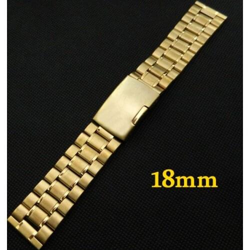 Golden 18mm Stainless Steel Watch Band Strap Fold over clasp with one push button With Safety Men Women Replacement GD011318