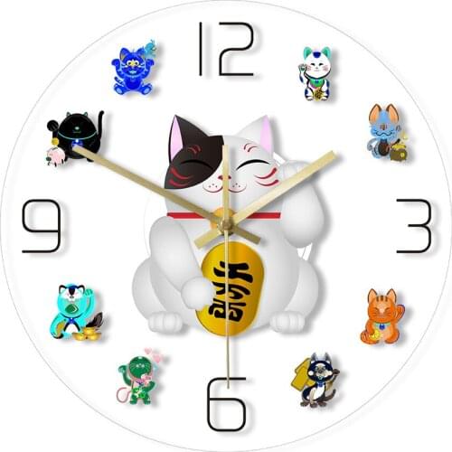 Lucky Maneki Neko Cat Print Wall Clock Japanese Beckoning Welcoming Fortune Cat 3D LED Light Home Car Hotel Restaurant Zegar