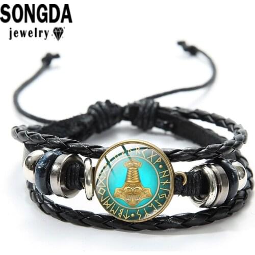 SONGDA Raven Banner Viking Flag Black Leather Bracelet Cabochon Glass Surface Art Pattern Bracelets Women and Men Jewelry Gifts