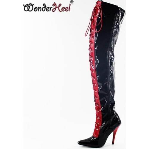Wonderheel women motorcycle boots over the knee high boots 12cm stiletto heel patent lace up thigh high boots for women
