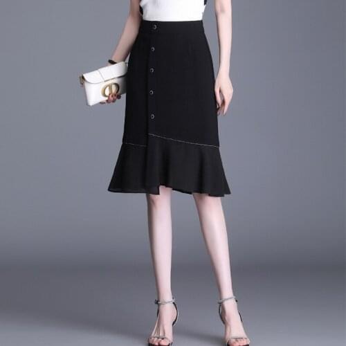 Summer Irregular Plus Size Black Fishtail Skirt for Women Fashion Elegant High Waist Slim Casual Knee-length Bodycon Skirts 9178