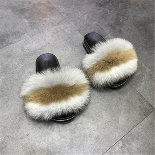 Womens Real Fox Fur Fluffy Slippers Ladies Winter Home Furry Fur Slides Female Indoor Fashion Furry Flip Flops Soft Cute Shoes