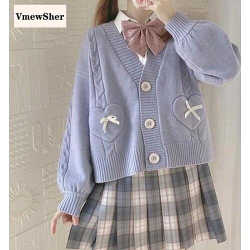 VmewSher New Sweet Autumn Winter Women Knitted Cardigan Short Sweater Female Harajuku Coat V Neck Single Breasted Korean Outwear