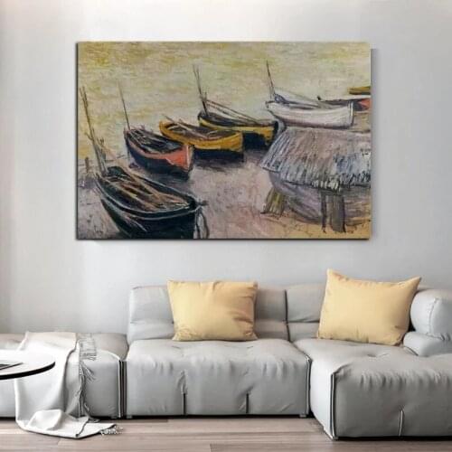 100% Hand Painted Monet Famous Boats on the Beach, 1883 Modern Abstract Landscape Wall Art Painting for Living Room Home Decor