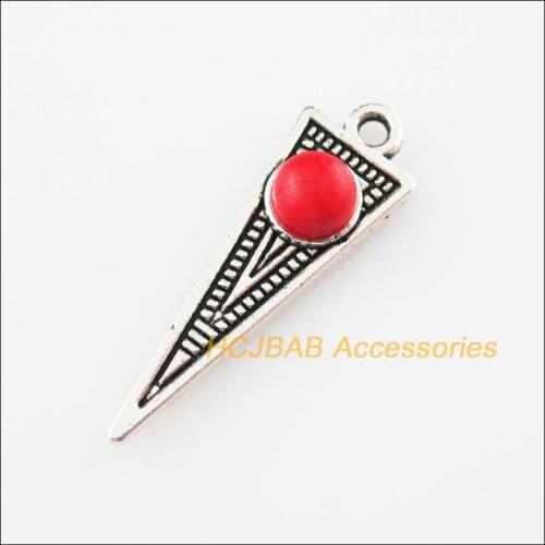 18Pcs Retro Tibetan Silver Color Red Triangle Stone Charms Pendants 9x28.5mm