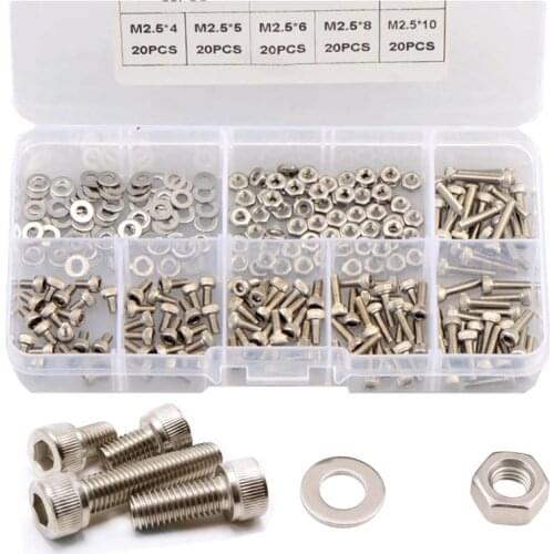 250Pcs M2.5 Hexagon Hex Socket Head Cap Screw Kit Stainless Steel Hex Socket Cap Head Bolt and Nut Flat Pad Washers Screw Set