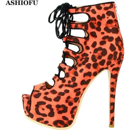 ASHIOFU Handmade New Style Ladies High Heel Pumps Leopard Leather Cross-straps Party Prom Dress Shoes Sexy Club Evening Sandals