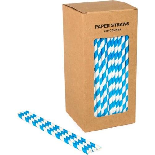Free Shipping 100% Biodegradable Paper Straws Stripe Drink Straws Blue 250 Counts Box