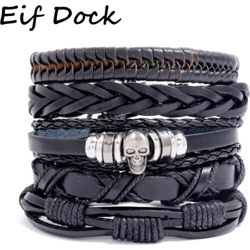 Eif Dock Punk Rock Skull Multi Charm Bracelet For Women Men Gothic Jewelry Braided Rope Leather Bracelet Men Dropship