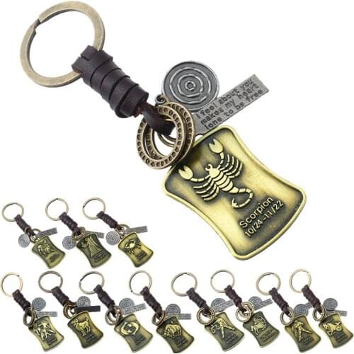 BUDROVKY Retro Hand-woven 12 Constellation Cowhide Keychain Simple Small Gift Car Key Pendant llavero Wholesale