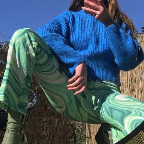 Women Sexy High Waist Skinny Long Pants Green Tie-Dye Ripple Print Flare Hem Bell Bottom Trousers Harajuku Vintage Slim