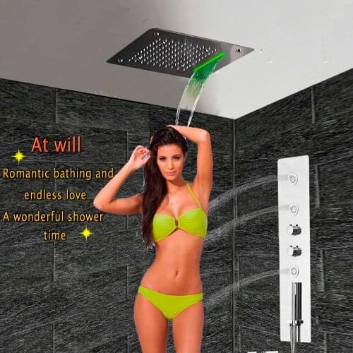 Bathroom Shower Panel with LED Ceiling Shower Head Bath Thermostatic Mixer Valve Tap Rain Waterfall Shower Massage Jets GF5326
