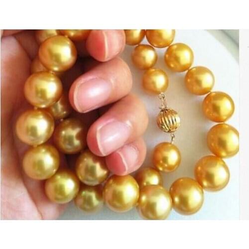 Elegant round 13-15mm south sea gold pearl necklace 18inch 14K Gold Clasp KKK