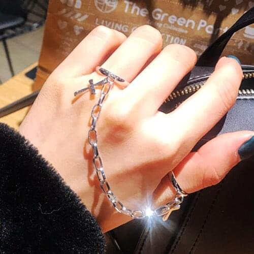 EN Silver Color Plated Retro Punk Hip-Hop Cross Ring Hand Finger Chain Adjustable Rings Jewelry Gift for Men Women Unisex Ring