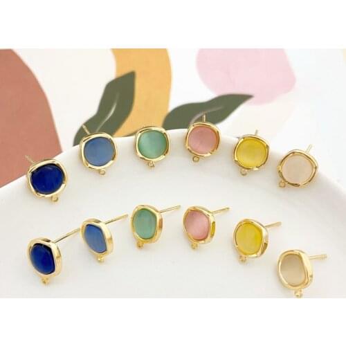 Gold-clad opal inlaid S925 silver needle round earrings diy earrings material earrings accessories