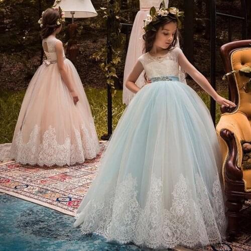 White/ Ivory Girl Lace Long Dress With Sweet Flower For Age 2-14 Baby Kids Princess Dress for Wedding Prom Party