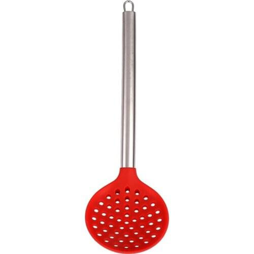 Skimmer Slotted Spoon - With Strong Silicone Covering Head & Stay-Cool Stainless Steel Handle Red + Silver
