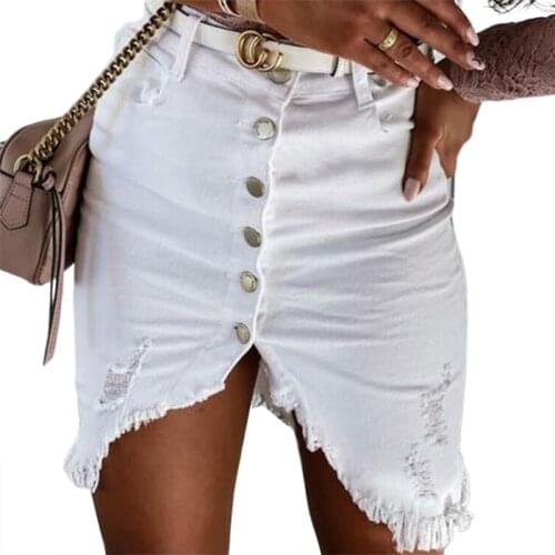 Fashion Women Denim Skirt Single-breasted Brushed Decoration Irregular Hem High Waist Bodycon Slim Mini Skirts Summer Clothing