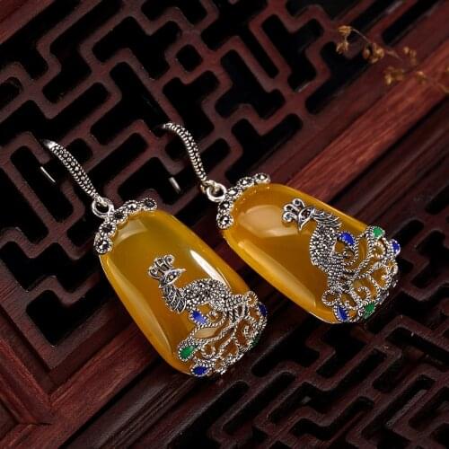 Natural 925 sterling silver peacock inlaid yellow jade earrings individuality temperament long sterling silver women
